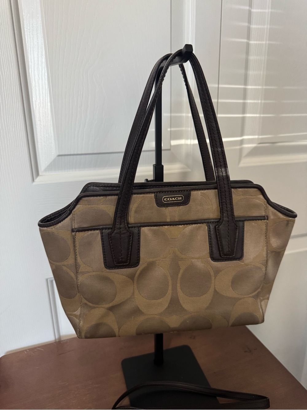 Coach Taylor signature mini Tote crossbody bag with Dark Brown Leather Trim